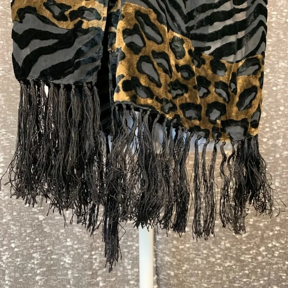 Animal Print Fringe Scarf Wrap Sheer Accents‎ Y2K Boho